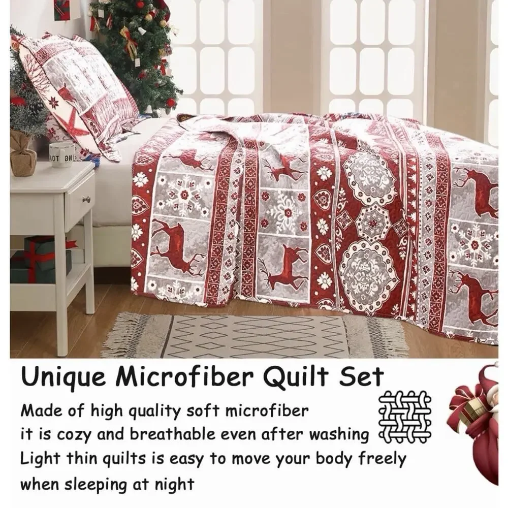 3 Pcs Red Gray Christmas Reindeer Bedding Quilt Set King